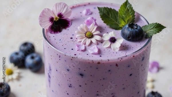 Fototapeta A vibrant blueberry smoothie in a glass adorned with fresh flowers and mint leaves, exuding a refreshing and colorful treat