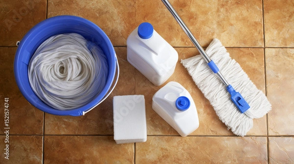 Obraz Neatly arranged cleaning supplies with mop and bucket, showcasing professional janitorial organization and efficiency.