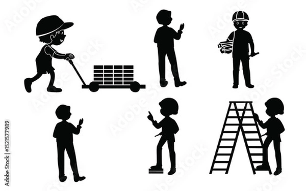 Fototapeta set of man worker silhouette.Big set of silhouettes of working builders.Set of eight silhouettes of construction workers.Silhouette Illustration of Construction Workers and Tools,Construction logo,