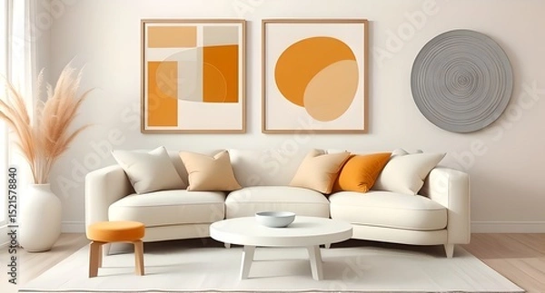 Fototapeta Beige loveseat sofa with yellow and terra cotta cushions. Japanese style interior design of modern living room. Created with generative AI