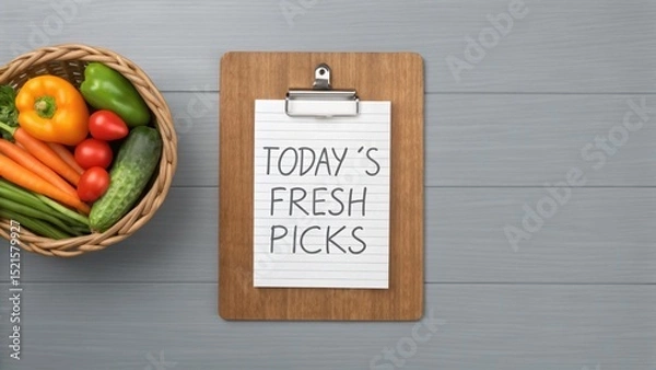 Fototapeta Fresh Organic Food at Local Farmstand Market Series, A wooden clipboard with a handwritten note, showcasing a fresh and creative workspace vibe.