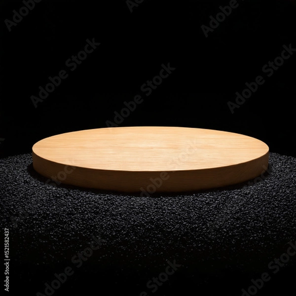 Obraz Polished Wooden Podium on Dark Sand, Elegant Presentation Stand, Natural Wood Grain, Studio Shot