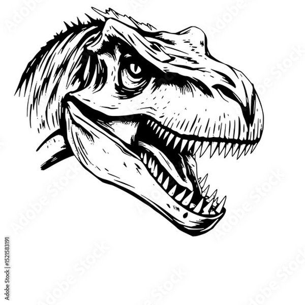 Fototapeta Tyrannosaurus Rex Head: A fierce monochrome line art illustration of a T-Rex head, showcasing sharp teeth and intense eyes in a dynamic pose.
