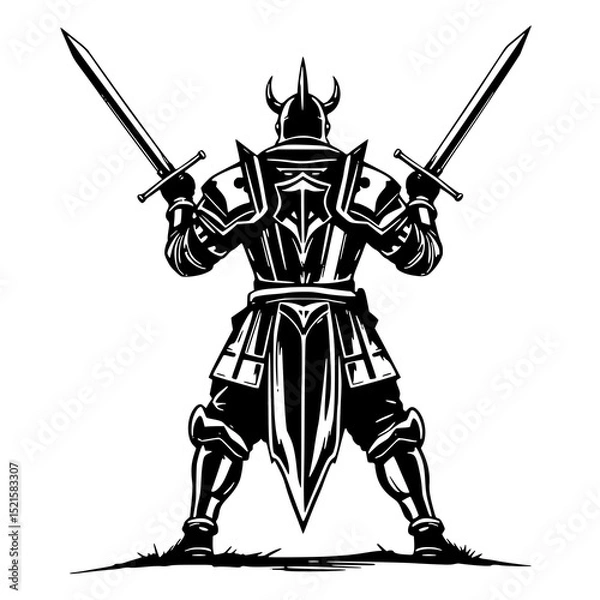 Fototapeta Medieval Knight: A bold monochrome line art illustration depicts a knight from behind, wielding two swords, showcasing his formidable armor and helmet.