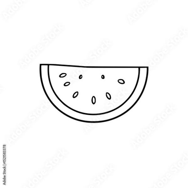 Fototapeta Watermelon Slice: A simple line art illustration of a juicy watermelon slice, showcasing its refreshing design and seeds against a white background.