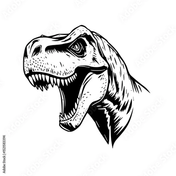 Fototapeta T-Rex Roars: A fierce monochrome line art illustration of a Tyrannosaurus Rex head, showcasing its sharp teeth and intense gaze.