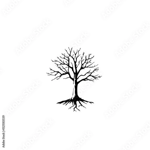 Fototapeta Bare Tree Roots Illustration: A stark black and white line art drawing depicts a leafless tree with exposed roots, conveying a sense of resilience and strength.