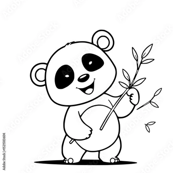 Fototapeta Happy Panda with Bamboo: A cute line art illustration of a cheerful panda cub holding a bamboo branch, showcasing its playful nature and simple black and white style.