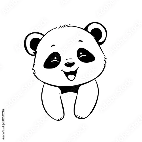 Fototapeta Playful Panda Cub: A charming black and white line art illustration of a happy baby panda, showcasing its adorable features and cheerful expression.