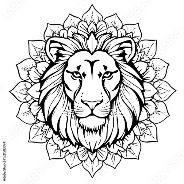 Fototapeta Majestic Lion Mandala: A striking line art illustration showcases a lion's head encircled by an intricate floral mandala, creating a powerful and serene visual.