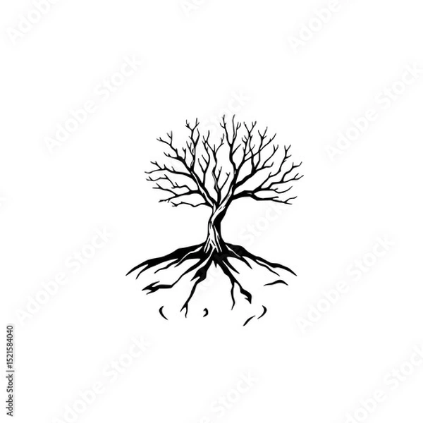 Fototapeta Bare Tree Roots: A stark black and white line art illustration of a leafless tree with exposed roots, showcasing its strong, grounded form against a white background.