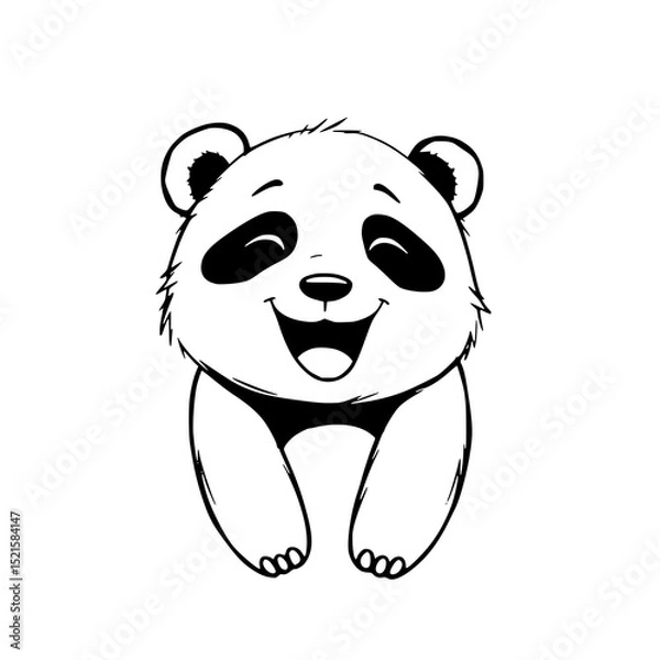 Fototapeta Joyful Panda Cub: A charming black and white line art illustration of a happy baby panda, showcasing its playful expression and adorable features against a clean white background.