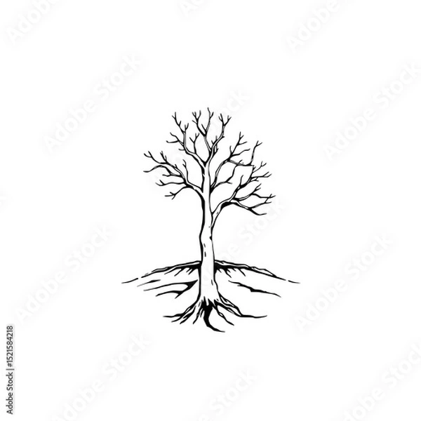 Fototapeta Bare Tree Roots: A stark, hand-drawn illustration of a leafless tree, showcasing its exposed roots and branches against a white backdrop.