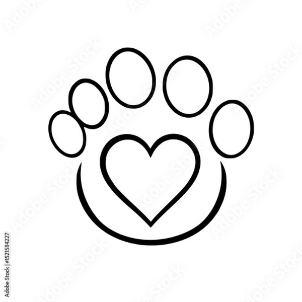 Fototapeta Paw Print Heart: A simple line art illustration depicts a paw print encompassing a heart, symbolizing love for pets, in a minimalist black and white style.