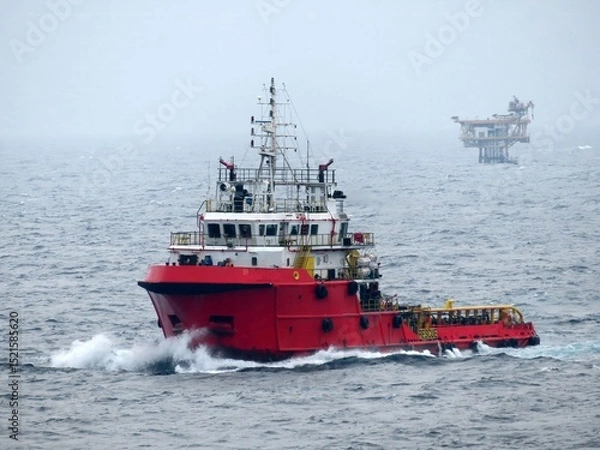 Obraz A powerful red tugboat cuts through the ocean waves, heading towards a distant offshore platform on a misty day. The vessels movement creates dynamic splashes and froth.