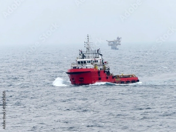 Obraz A vibrant red tugboat navigates the choppy ocean waters, a distant offshore oil rig barely visible under a hazy sky. The vessel cuts through waves, showcasing its power and resilience at sea.