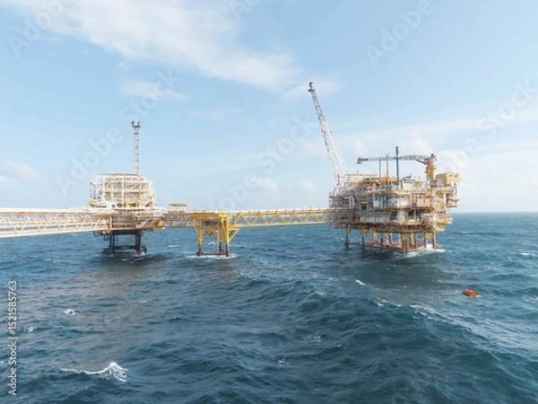 Obraz Offshore oil platform, yellow and white structures, on blue wavy ocean. A crane is visible. The background is a clear blue sky with some clouds. The atmosphere is industrial and powerful.