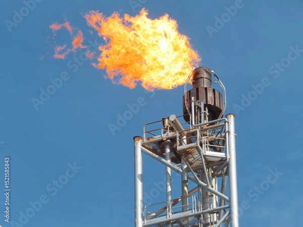 Obraz A large orange flame erupts from a metallic flare stack against a clear blue sky. The stack is tall and appears weathered. The background is a solid, unblemished blue, suggesting a daytime setting. 