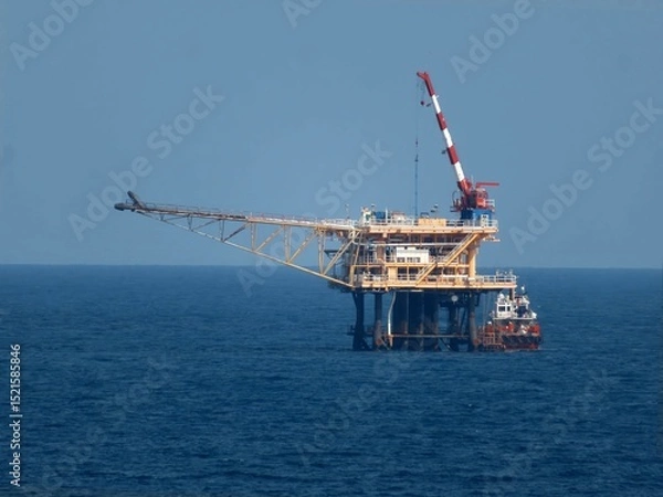 Obraz Offshore oil platform stands tall against a vast, deep blue ocean under a clear sky. A support vessel is nearby, ensuring safe operations in the maritime environment.