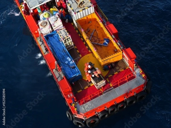 Obraz Workers in orange and red safety gear meticulously manage cargo on a vibrant red and yellow vessel, floating on a deep blue ocean. The scene depicts offshore industrial operations.