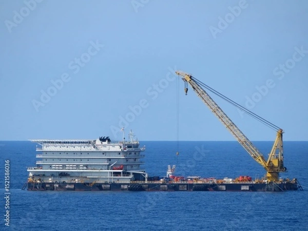 Obraz Massive crane vessel dominates the deep blue ocean under a clear sky. A powerful symbol of maritime industry and offshore operations. The vessel is equipped for heavy lifting and transport.