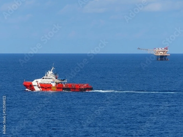 Obraz Red supply vessel navigates the deep blue ocean, heading towards an offshore oil platform under a clear sky. A captivating scene of maritime industry and vastness.