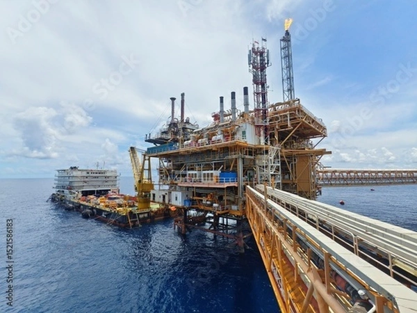 Obraz Vast offshore oil platform, a complex network of structures and pipelines, dominates the deep blue sea under a partly cloudy sky. A support vessel is nearby.