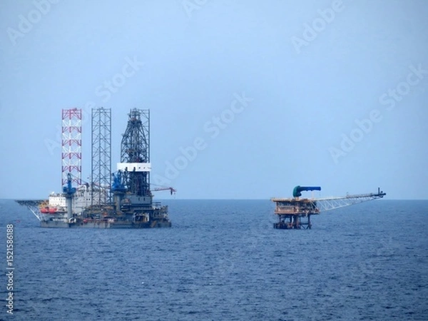 Obraz Two offshore oil rigs on a calm blue sea under a light blue sky. One rig is larger, more complex. The background is a clear, solid sky and sea. The scene is tranquil yet industrial.
