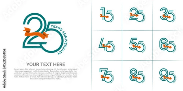 Fototapeta Anniversary logo type set with double line number. green color with orange ribbon can be use special moment