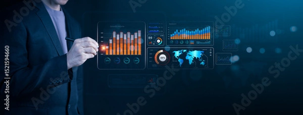 Obraz Businessman analyzing digital data and growth analytics on futuristic dashboard. Big data, technology and interactive data visualization for business success.