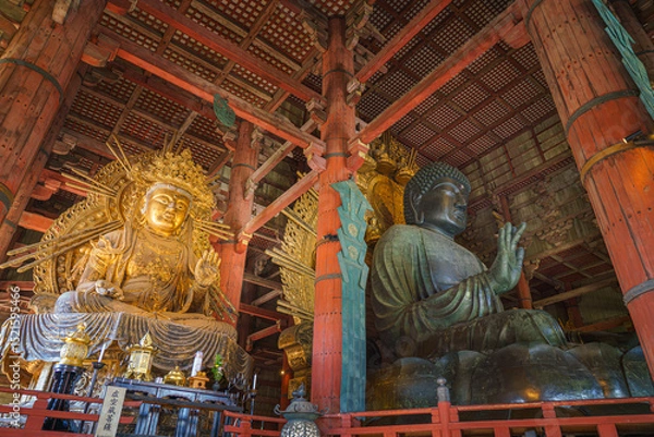 Fototapeta Nara, Japan - Sep 26 2024, Panoramic view of the Sitting Buddha Vairochana, a fifteen-meter bronze statue of Buddha, and a side-standing gilded statue of Buddha, at Todaiji Temple, Nara, Japan