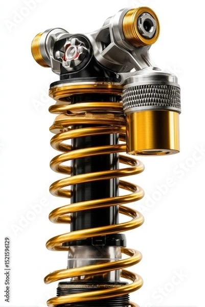 Fototapeta High-performance motorcycle shock absorber.  Components of a motorcycle suspension, featuring a gold coil spring, metal parts, and a reservoir
