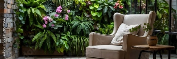 Fototapeta Biophilic interior with linen armchair and lush vertical garden wall – Perfect for nature-inspired living spaces, relaxation themes, or home decor branding