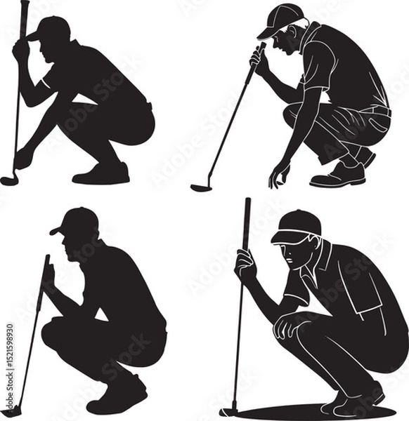 Fototapeta A vector bundle of four unique golfer silhouettes in crouching stances, each focusing on putting. Great for golf design sets, educational packs, or logo collections.