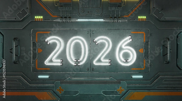 Fototapeta New Year 2026 Creative Design Concept with sci-fi environment - 3D Rendered Image	
