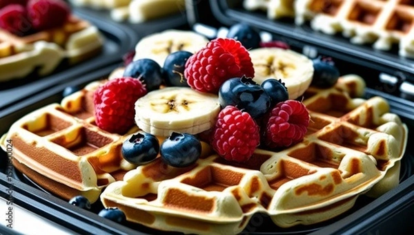 Fototapeta Close-up of homemade waffles with fresh berries and banana slices on waffle maker. Waffles are baked golden-brown, look delicious. Breakfast concept with fruit toppings