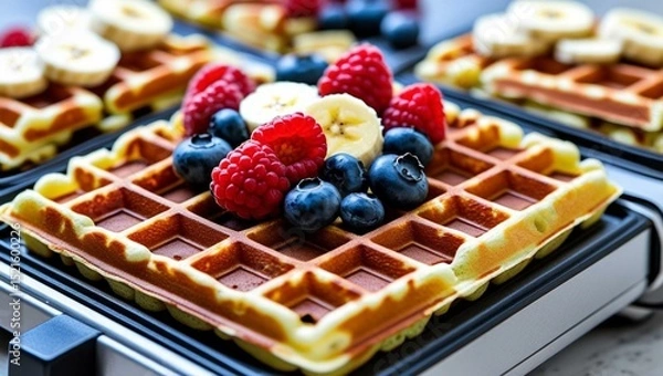 Fototapeta Close-up of homemade waffles with fresh berries and banana slices on waffle maker. Waffles are baked golden-brown, look delicious. Breakfast concept with fruit toppings