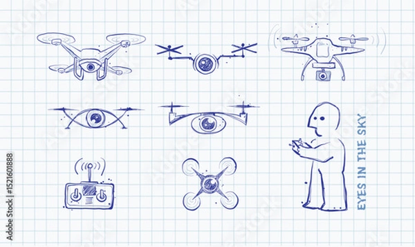 Obraz Childlike rough vector doodles of various drones: delivery, underwater, quadcopter, helicopter, airplane, and spy types.
