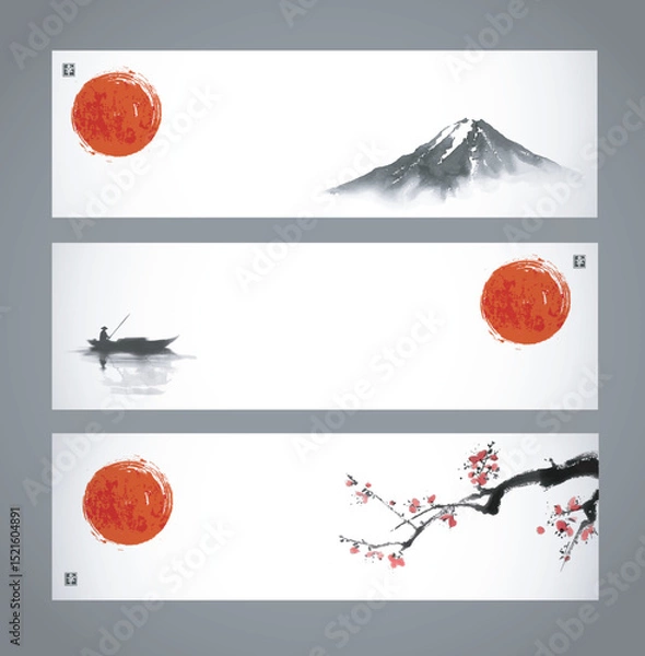 Obraz Minimalist vector banners with red sun over a mountain, a boat on water, and a blossoming branch in sumi-e style. Hieroglyph -  happiness