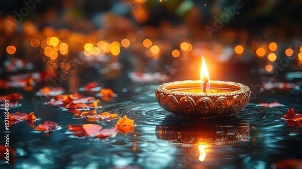Fototapeta Golden candle floats on water,  surrounded by petals