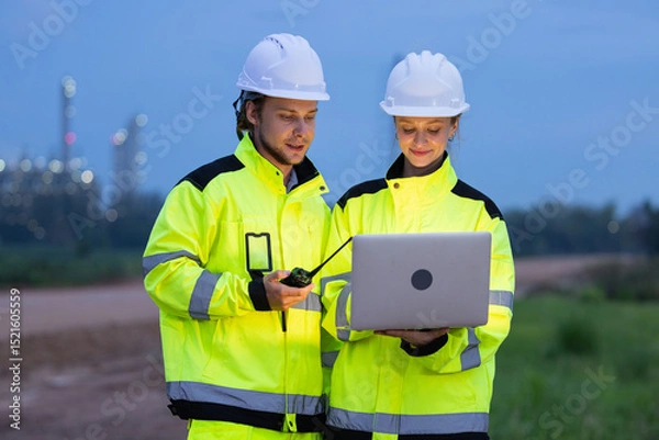 Fototapeta Engineers Reviewing Data at Industrial Site at Night