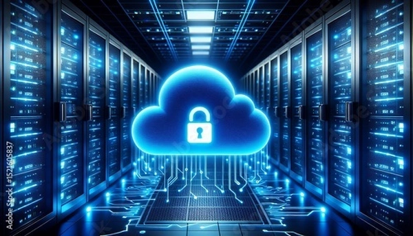Fototapeta A secure cloud computing concept involving data servers and digital connections.

