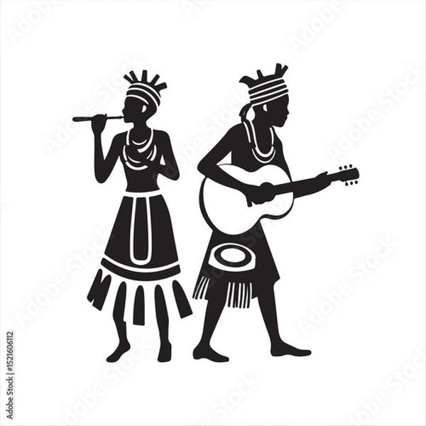 Fototapeta A classic black and white vector logo featuring silhouettes of African tribal musicians, depicted with geometric shapes and clean lines, creating a sense of balance and symmetry. The design is elegant
