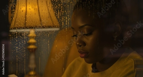 Obraz Young woman reading beside window with raindrops and warm lamp light in dim indoor setting