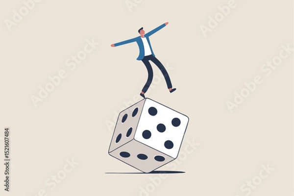 Fototapeta Investment risk, stock trader, gambling, uncertainty, possibility of losing money or make a profit from investment concept, greedy investor man dare trying to balance himself on spinning unstable dice