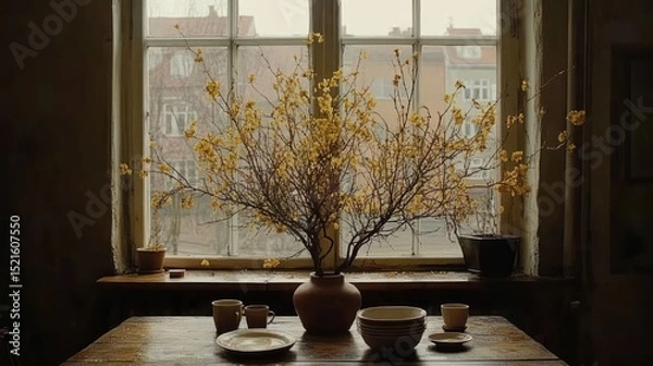 Fototapeta Rustic room, yellow blossoms, window view