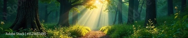 Fototapeta Sunlight filters through the dense canopy of a lush, vibrant forest, illuminating the path ahead The air is still and the scene evokes a sense of tranquility and mystery , canopy, woodland, path