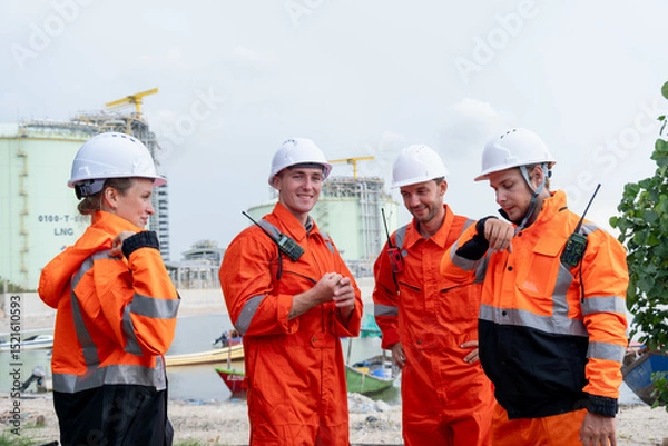 Fototapeta Workers in safety gear collaborating near industrial site with boats in background during daytime