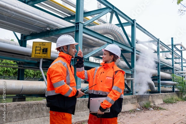 Fototapeta Workers discuss safety measures while inspecting piping at an industrial facility during the day