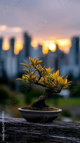 Obraz Beautiful bonsai tree in ceramic pot with city skyline and evening sunset background
